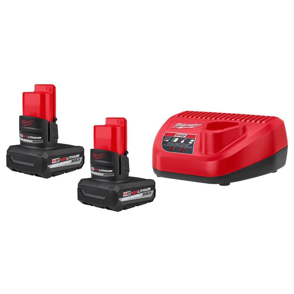 MILWAUKEE M12 REDLITHIUM HIGH OUTPUT XC5.0 Battery Pack Kit (Model 48-59-2450P) – Includes 2 Batteries & 1 Charger - 25% More Power & Runtime