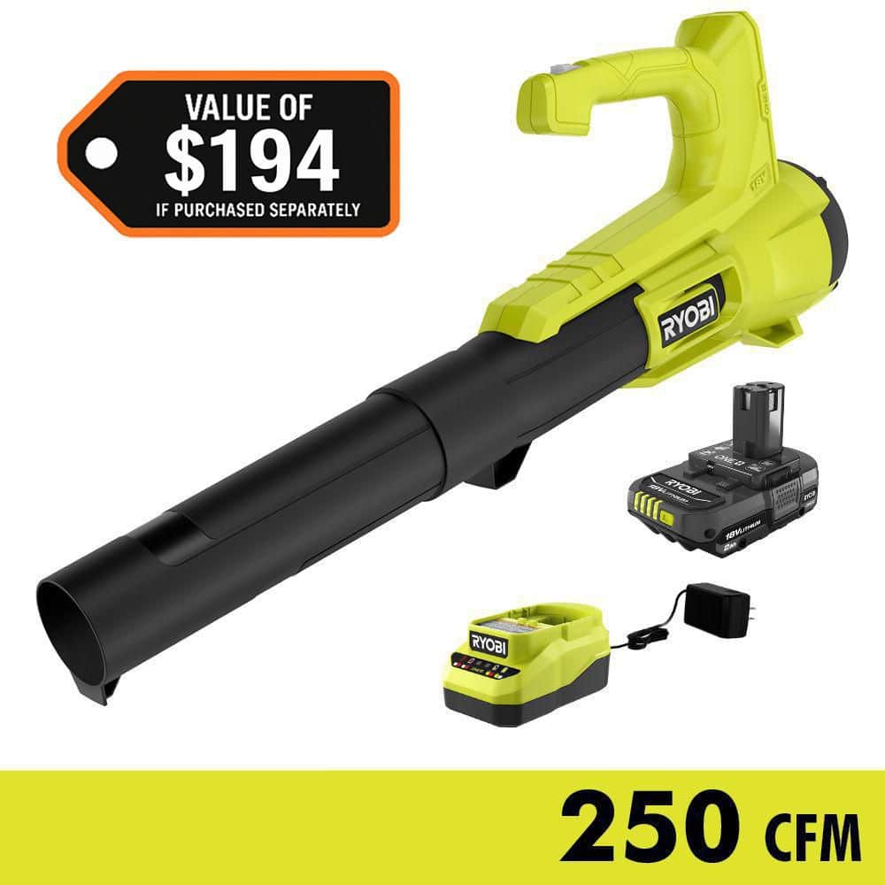 RYOBI ONE+ 18V 90 MPH 250 CFM Cordless Battery Leaf Blower/Sweeper with 2.0 Ah Battery and Charger
