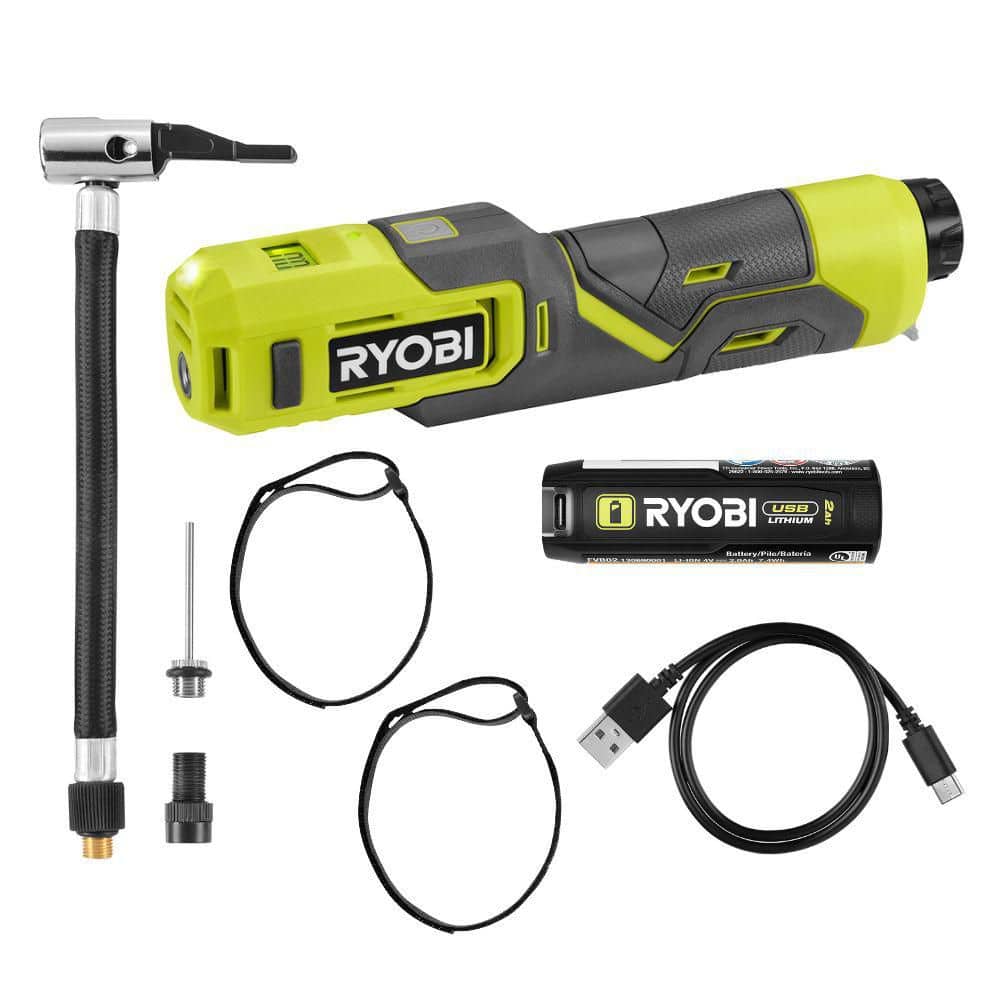 RYOBI USB Lithium Cordless High Pressure Portable Inflator Kit with 2.0 Ah USB Lithium Battery and Charging Cable