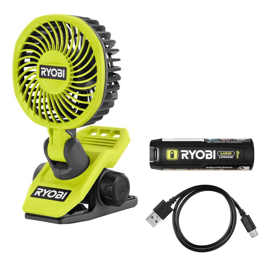 Ryobi USB Lithium Clamp Fan Kit w/ 2.0 Ah USB-C Lithium Battery  Charging Cable