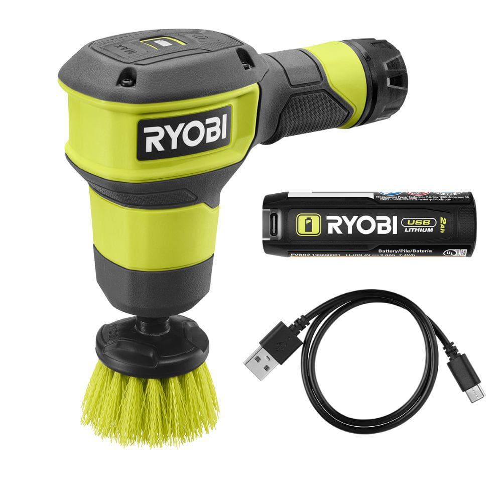 USB Lithium Compact Scrubber Kit with 2.0 Ah Battery, USB Charging Cord, and 2 in. Medium Bristle Brush