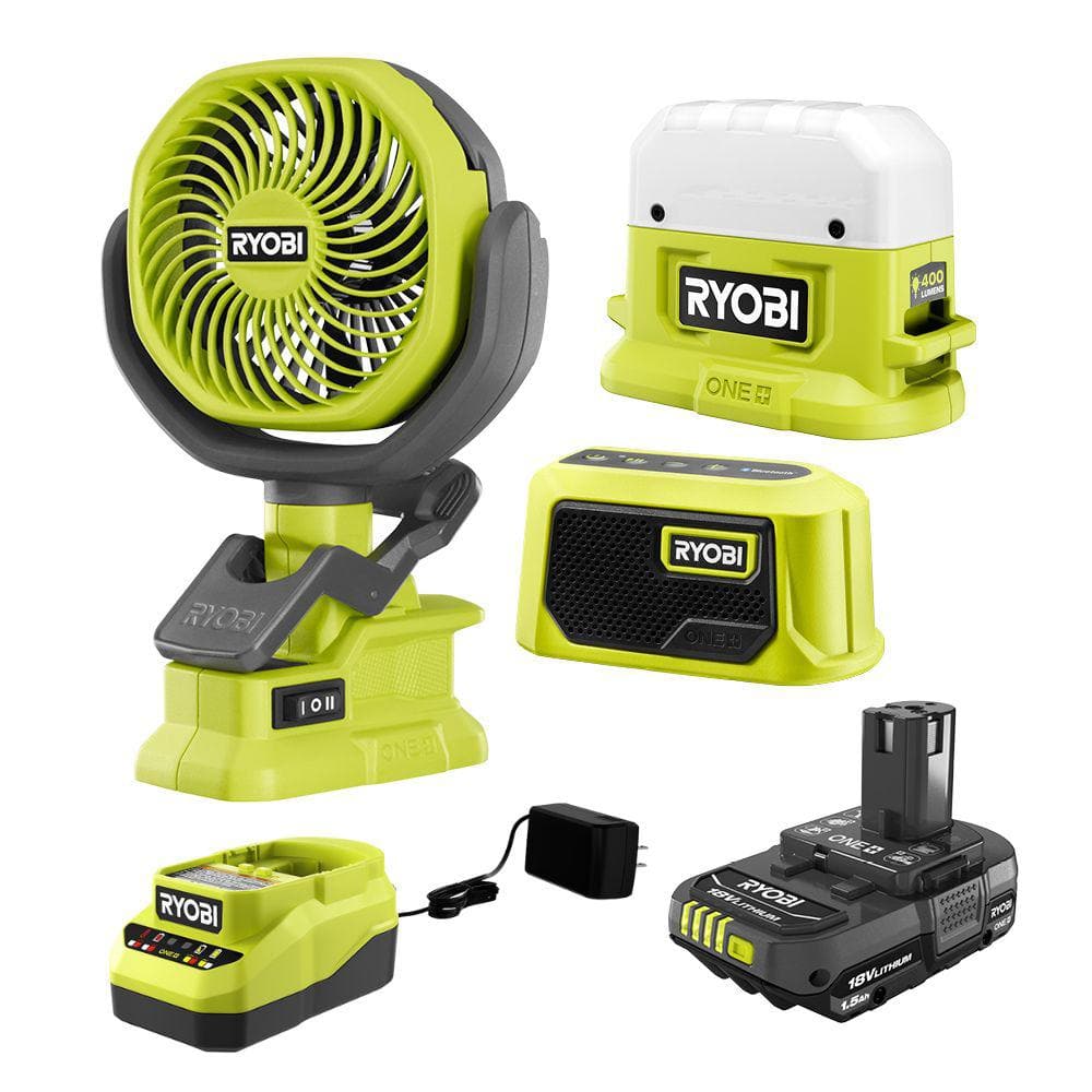 Ryobi 18-Volt ONE+ Compact Campers Kit - Light  Speaker  Fan  Battery  Charger