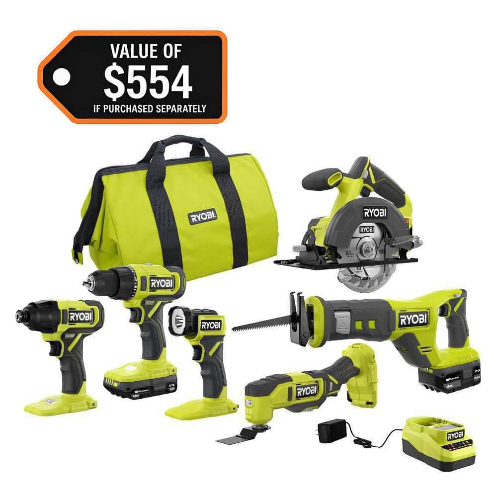 RYOBI ONE+ 18V Cordless 6-Tool Combo Kit with 1.5 Ah Battery  4.0 Ah Battery  and Charger
